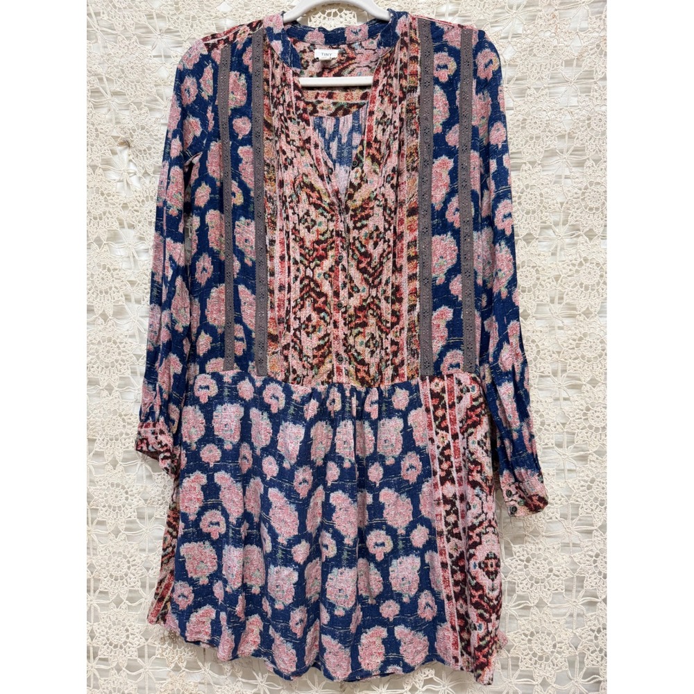 Boho Patchwork Floral Print Dress Tunic V Neck Long Sleeve Pockets Size S‎